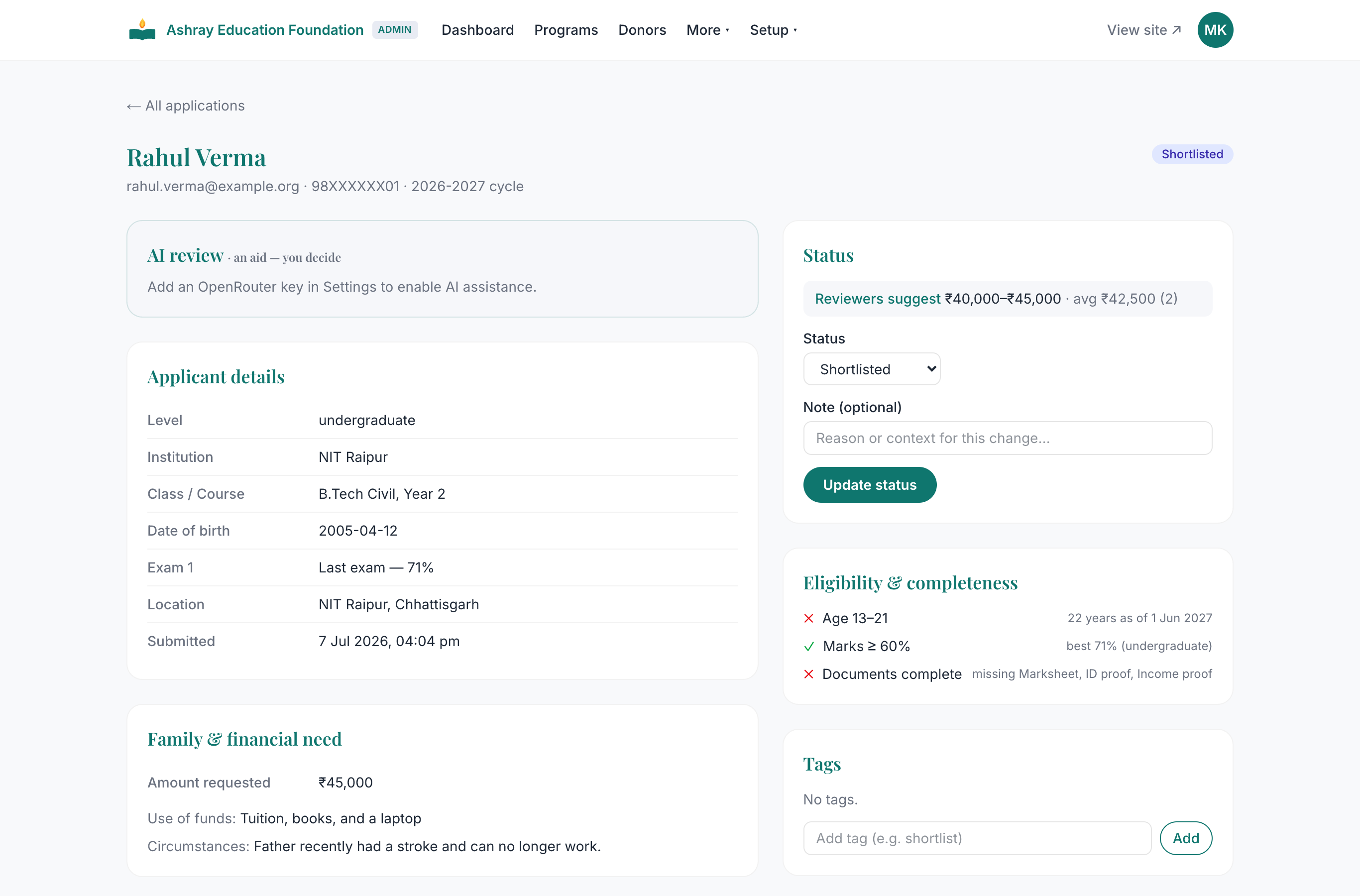 An application under review with AI assistance and rubric scoring