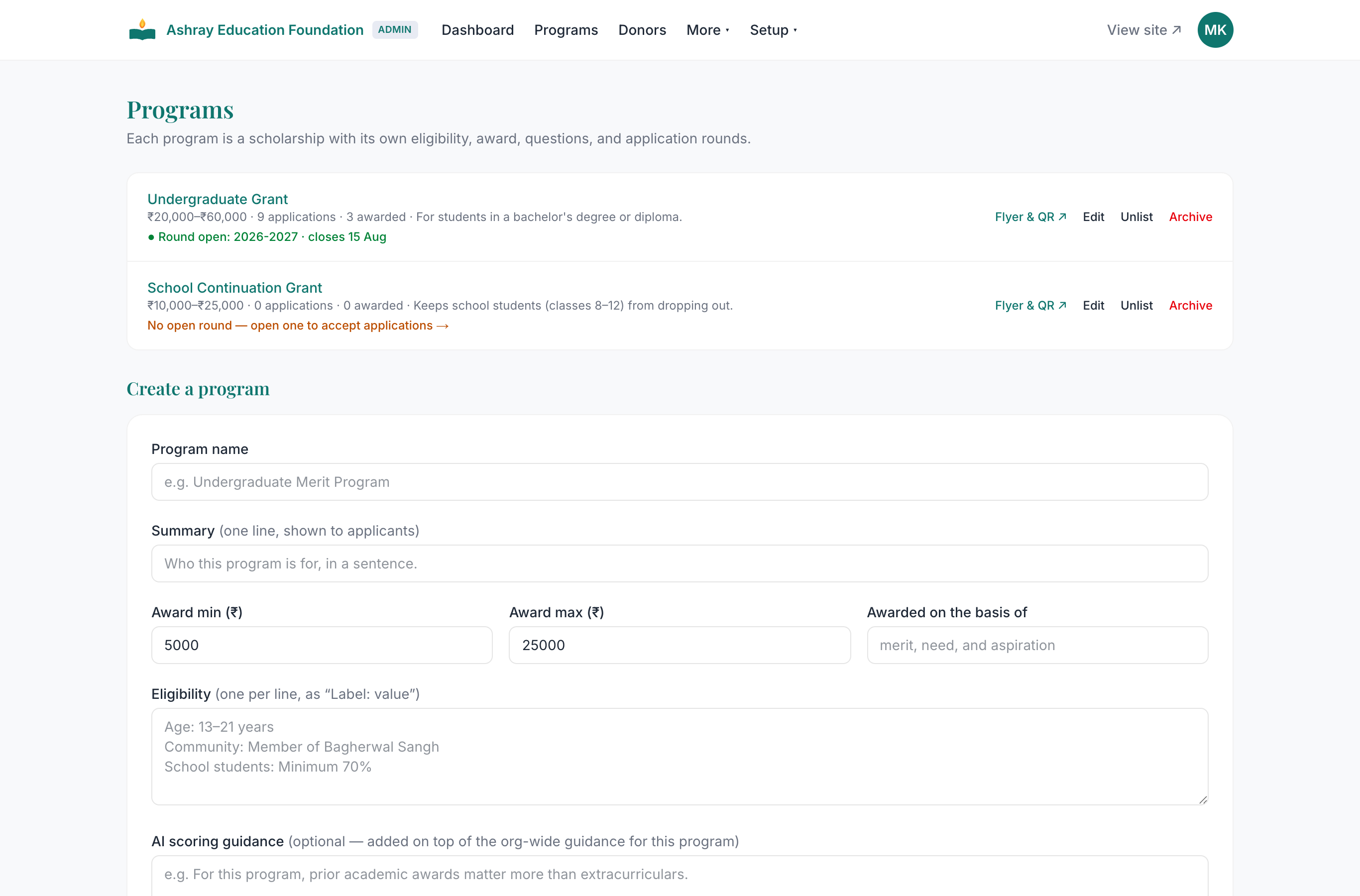 Programs and application rounds management