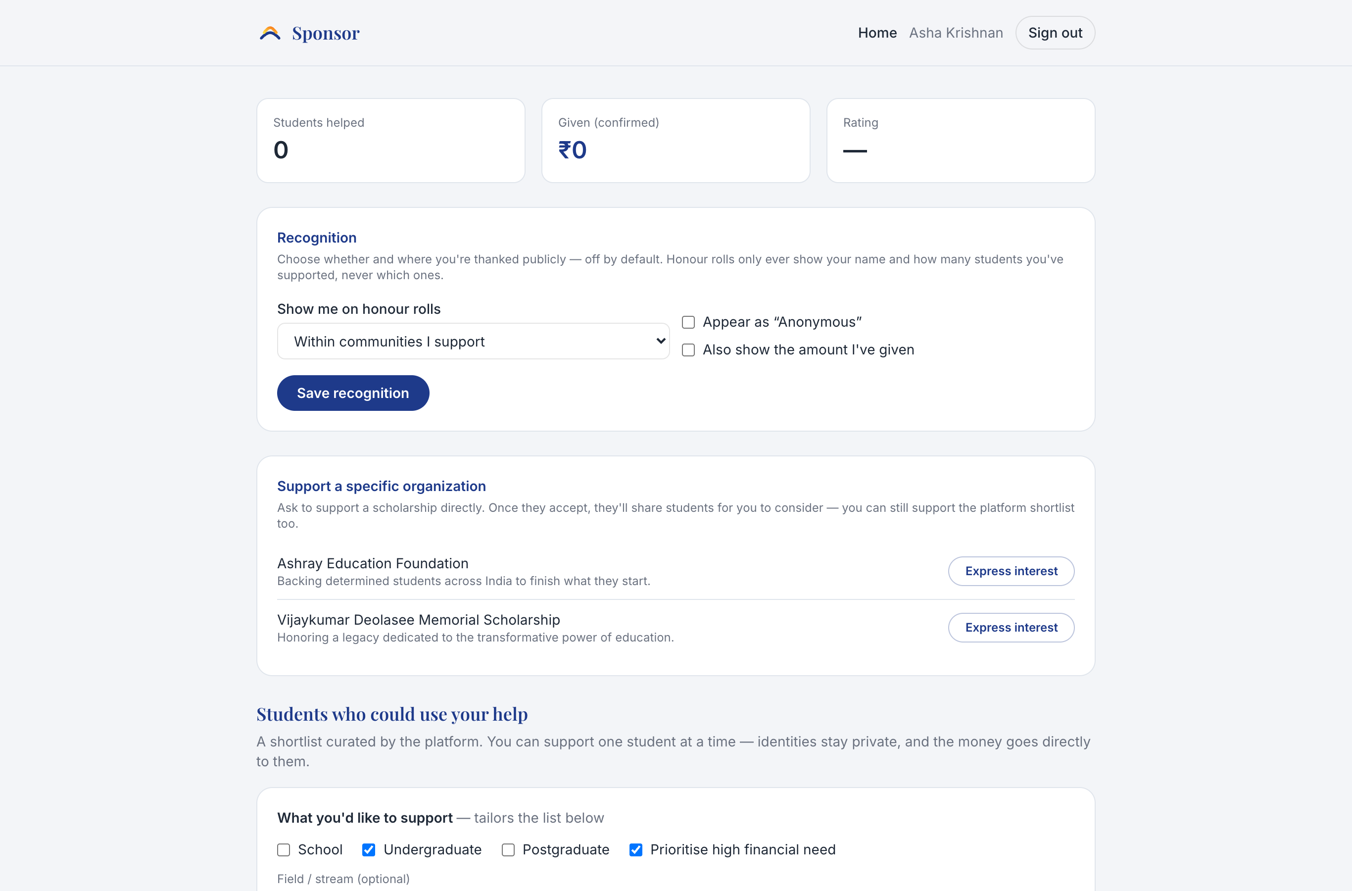The sponsor console: preferences and a curated shortlist of students