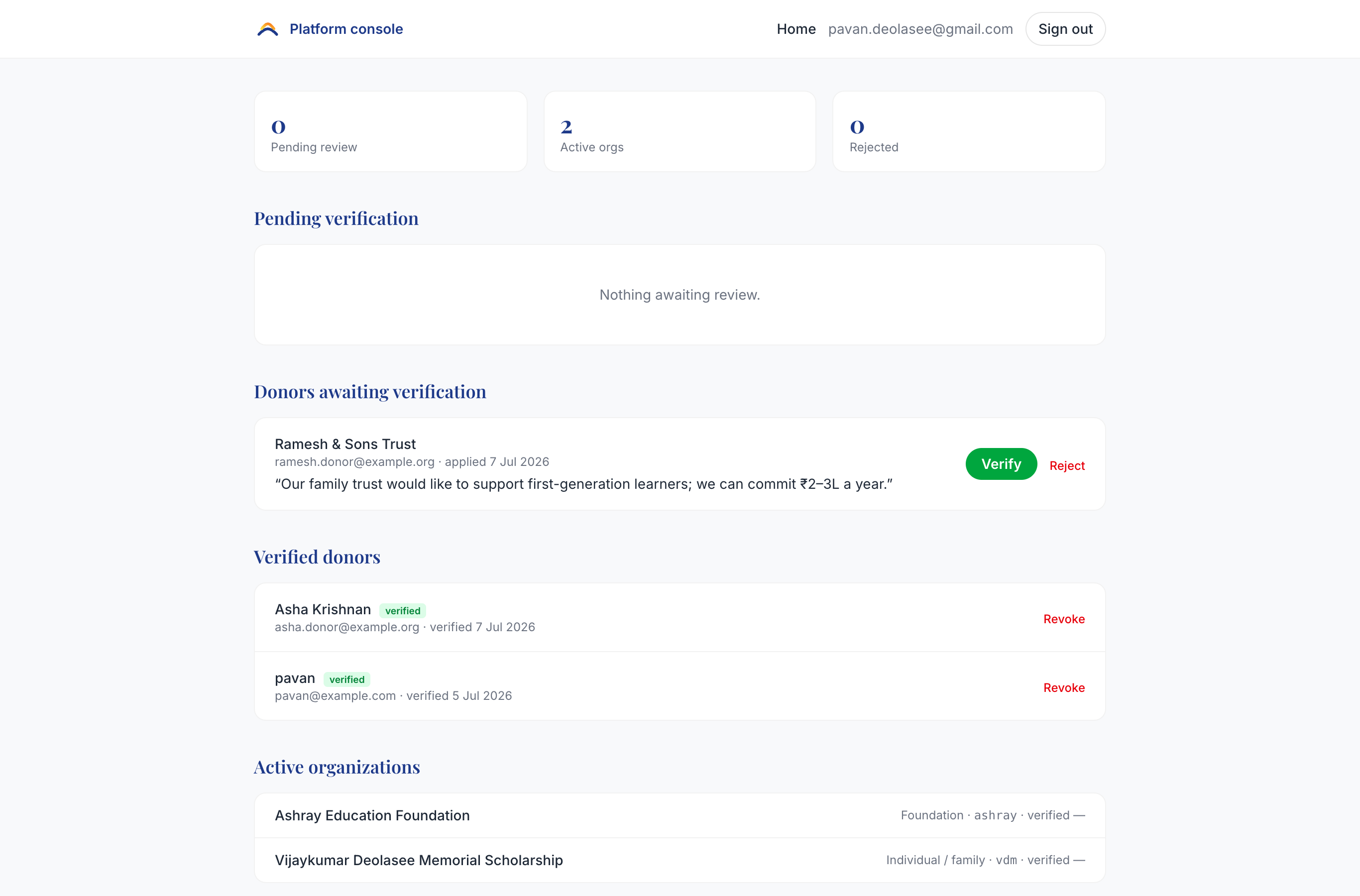 The platform console: verifying organizations and donors